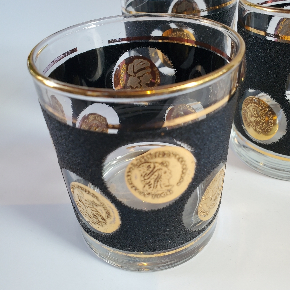 3 Libbey Whiskey Glasses Gold Coins Black Pebble Texture‎ Mid-century Modern - Picture 2 of 5